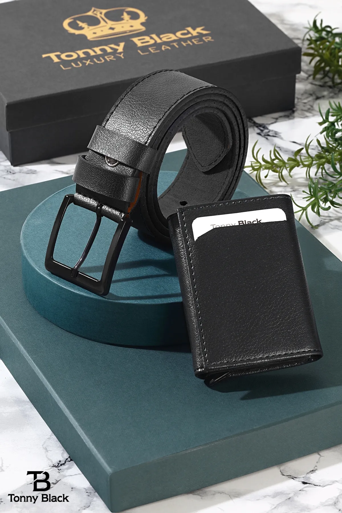 Tonny Black  Original Herren-Geschenkset mit 2 Stück, Luxus-Serie, stilvolles Portemonnaie mit Automatikmechanismus, Gürtel-Set
