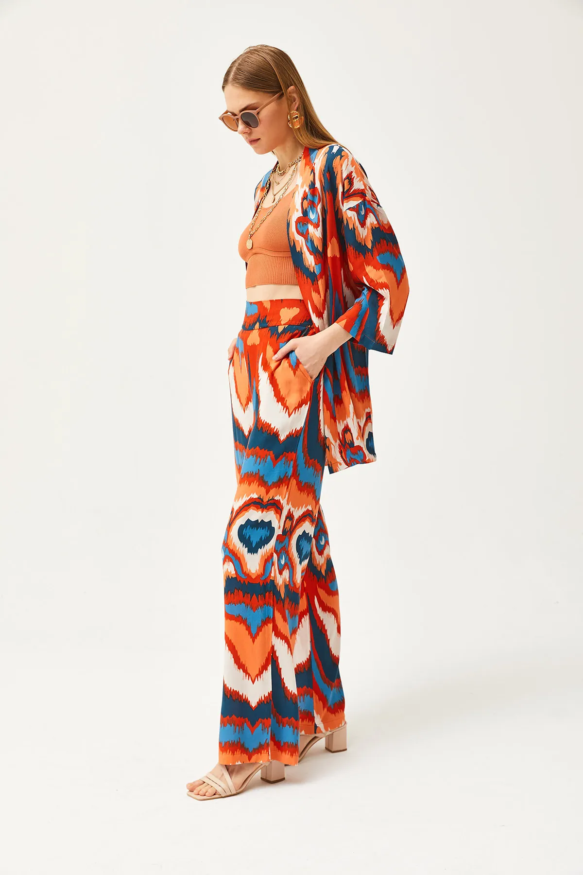 Olalook  Damen Orange Blau Oberteil Kimono Unterteil Taschenhose Set TKM-19000276