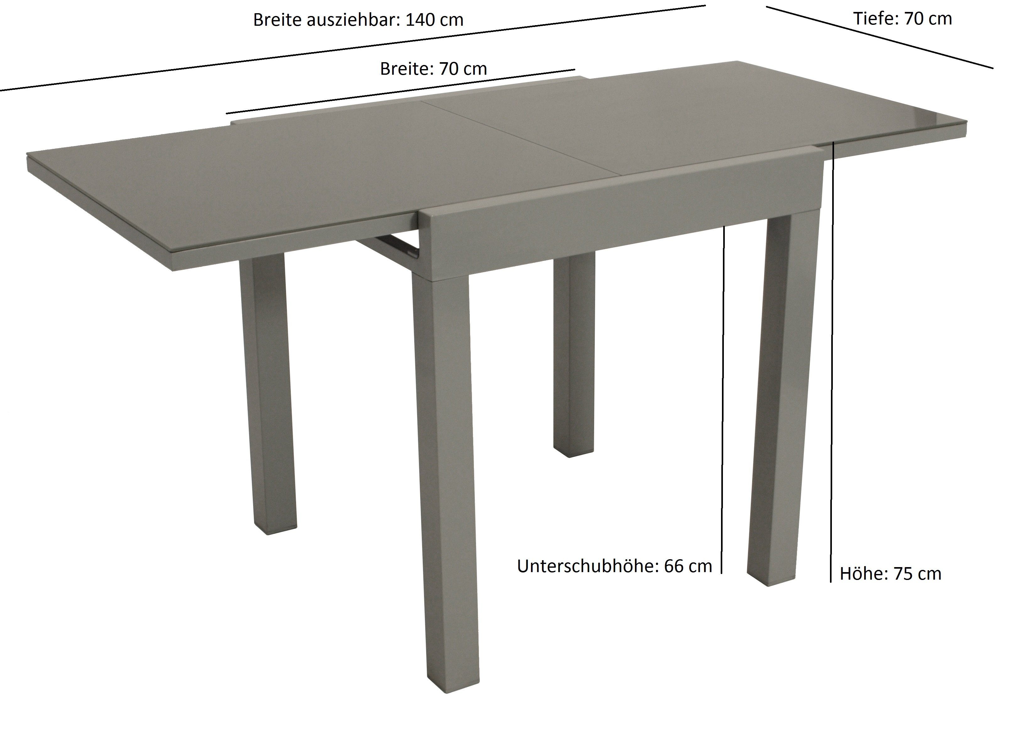 DEGAMO Garten-Essgruppe MARINA 5-teilig, 4x Klappsessel, 1x Ausziehtisch Glas 70/140x70cm, Alu silbergrau