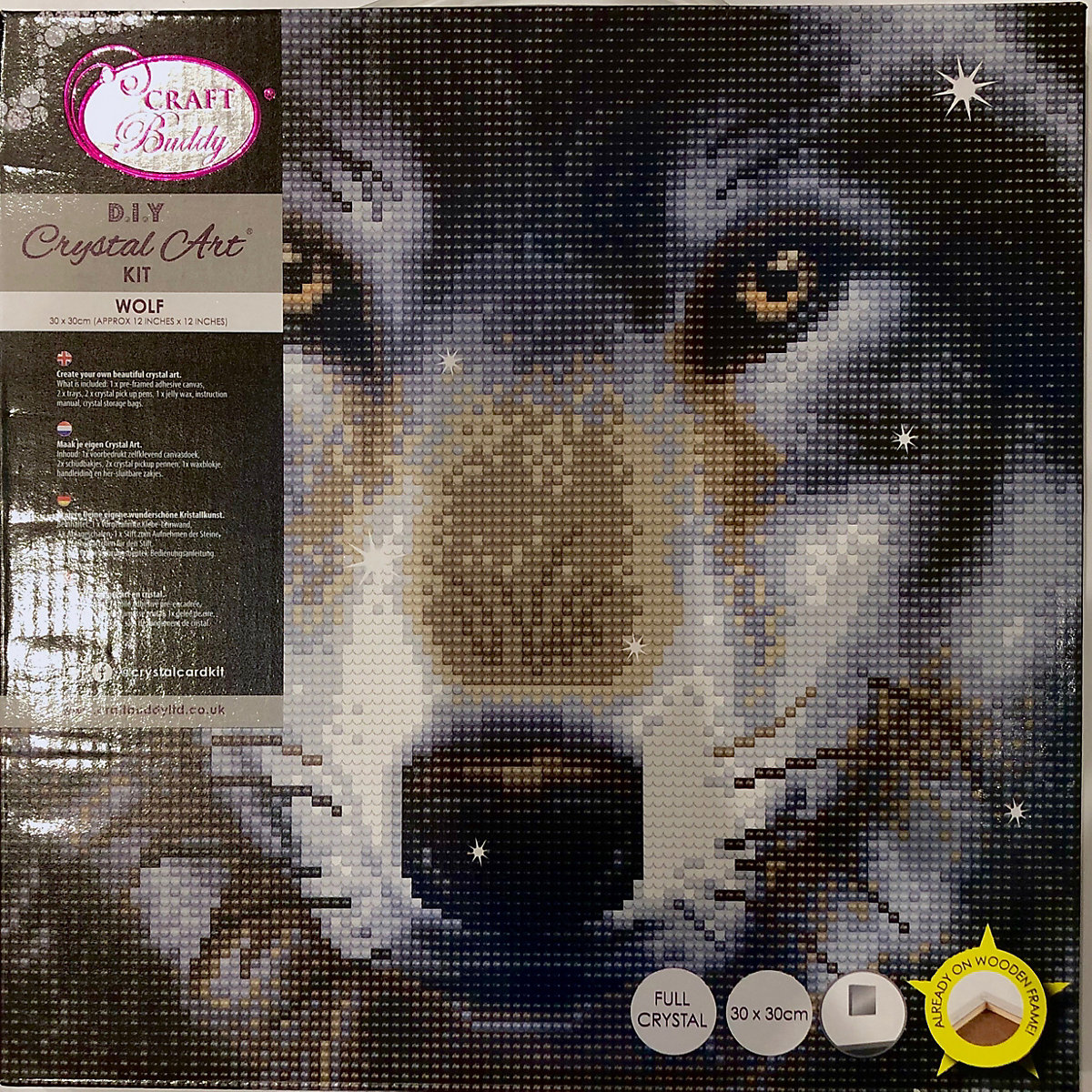 Crystal Art Kit auf Holzrahmen-Leinwand - Wolf, 30 x 30 cm