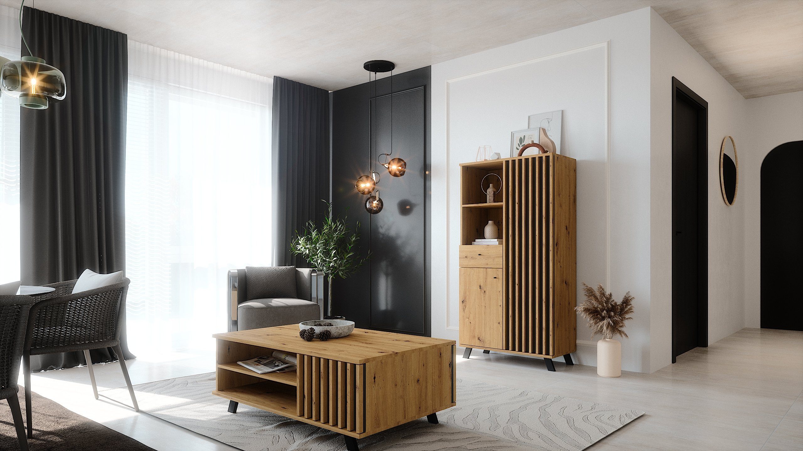 Newroom Highboard Barea, Wildeiche Highboard Modern Wandpaneel Vintage Sideboard Anrichte Wo...