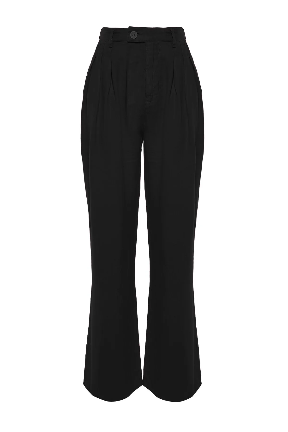 Trendyol Collection  Schwarze, plissierte Hose aus 100 % Leinen mit hoher Taille und weitem Bein
