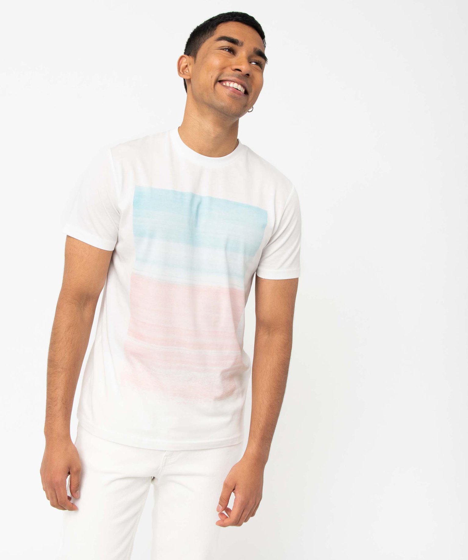 Tee-shirt homme à manches courtes motif abstrait pastel blanc | GEMO