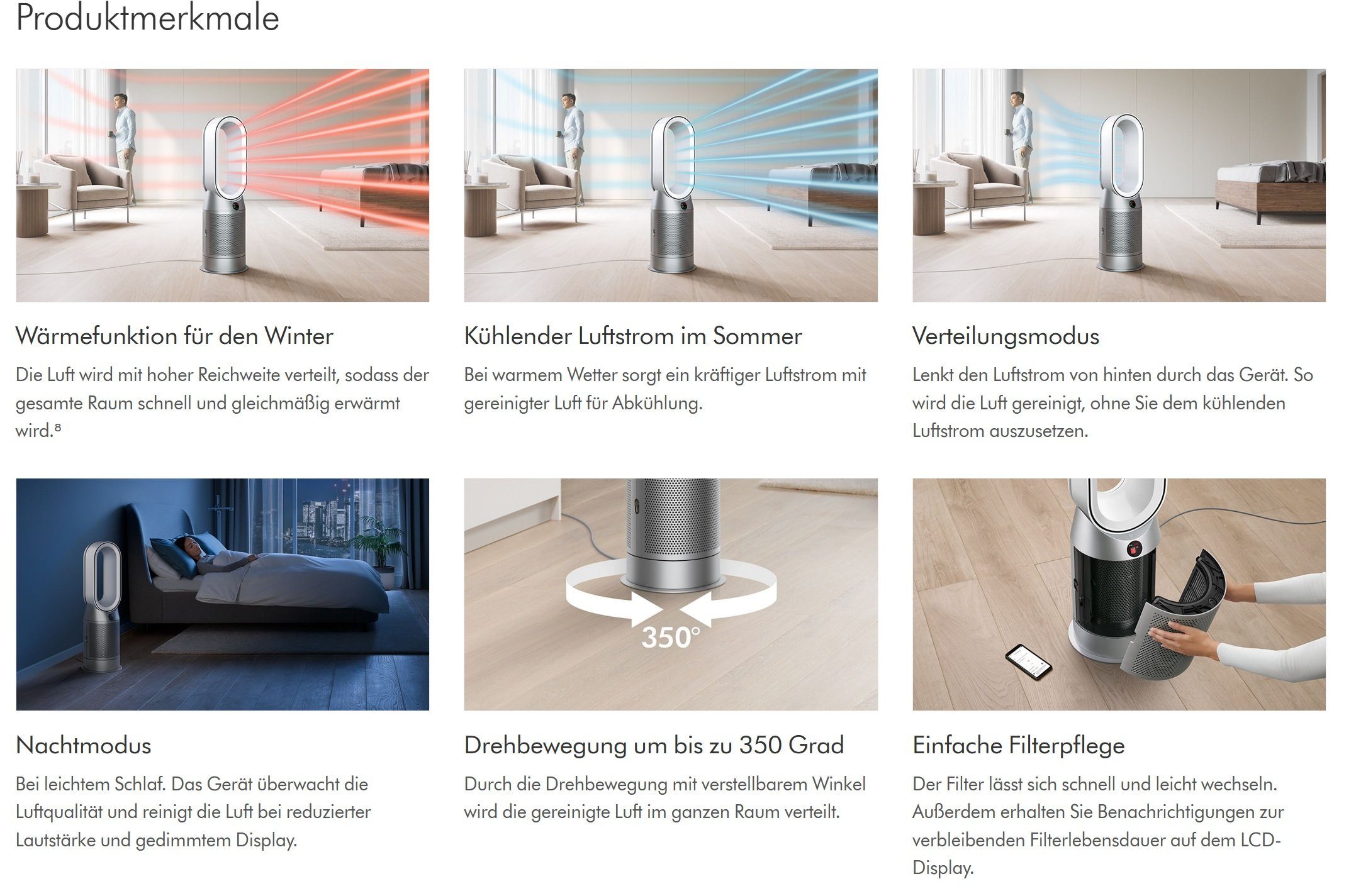 DYSON Kombigerät Luftreiniger, Ventilator und Heizlüfter HP7A Purifier Hot+Cool React 3in1 Ventilator Luftreiniger, Heizlüfter, für 45 m² Räume, leise Schlafzimmer geeignet, Allergiker Raucherzimmer Luftfilter 99,5%