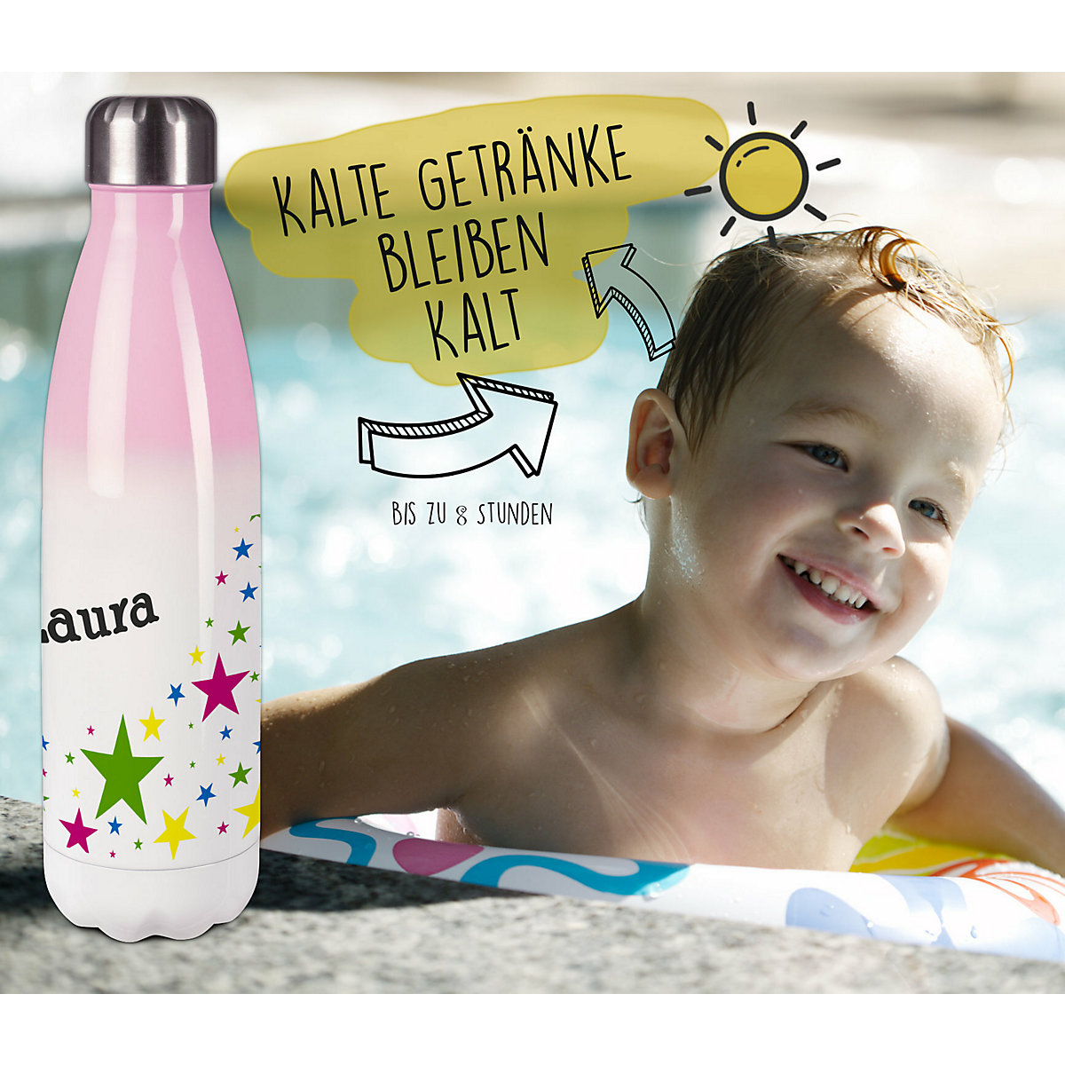 Edelstahl Kinder Thermoflasche / Trinkflasche bunt Sterne Spülmaschinenfest, Auslaufsicher, Bruchfest, Doppelwandig, Für Heißgetränke geeignet, Mit Deckel, Isoliert