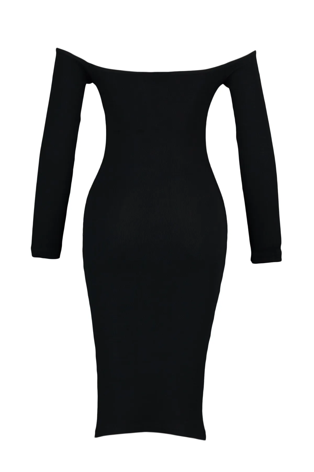 Trendyol Collection  Schwarzes, tailliertes, geripptes, dehnbares Midi-Strickkleid mit herzförmigem Ausschnitt TWOAW23EL00047