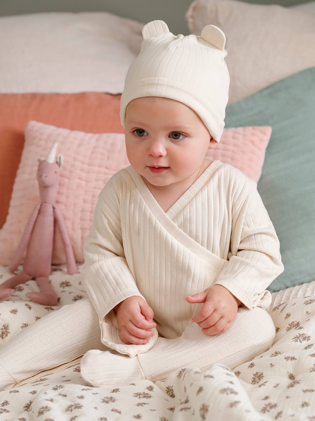 Combinaison en maille côtelée bébé et son bonnet sable