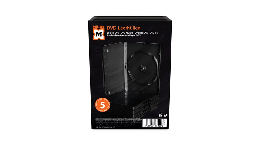 Müller DVD-Leerhülle für 1 Disc, 14mm, schwarz, 5er Pack