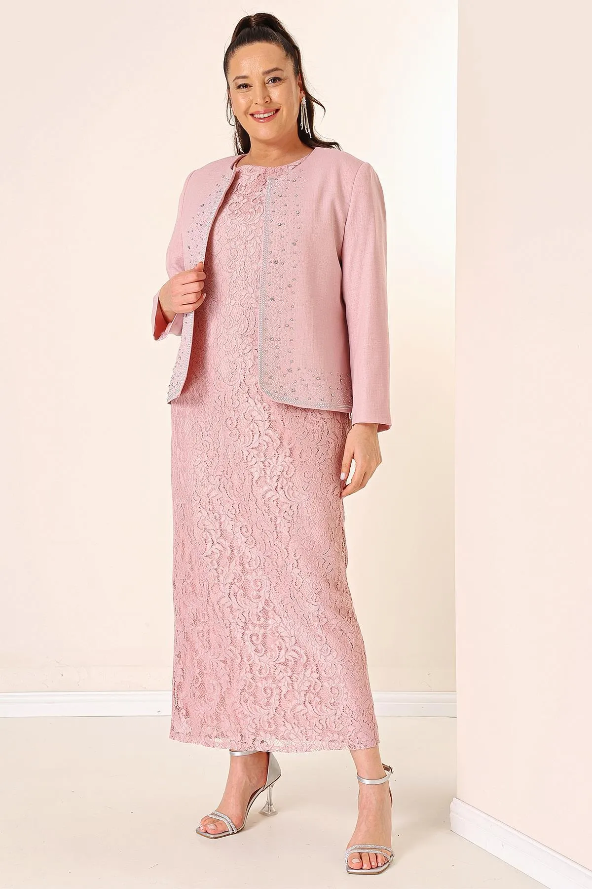 By Saygı  Ärmelloses langes Kleid mit Blumenspitze, steinverzierte Crêpe-Jacke, gefüttert, große Größe, 2-teiliges Set