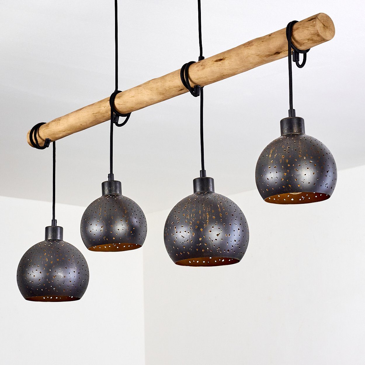hofstein Pendelleuchte Nave 4-flammige Deckenlampe aus Metall in schwarz und kupferfarben, ohne Leuchtmittel, Vintage Look Pendellampe mit Holz in Natur, 4xE27