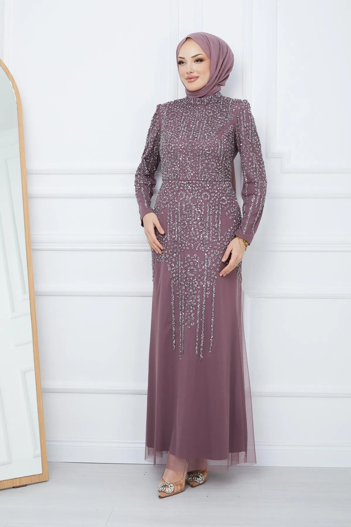 Olcay  Perlen- und juwelenbesetztes Hijab-Abendkleid aus Tüll DRY ROSE 1663