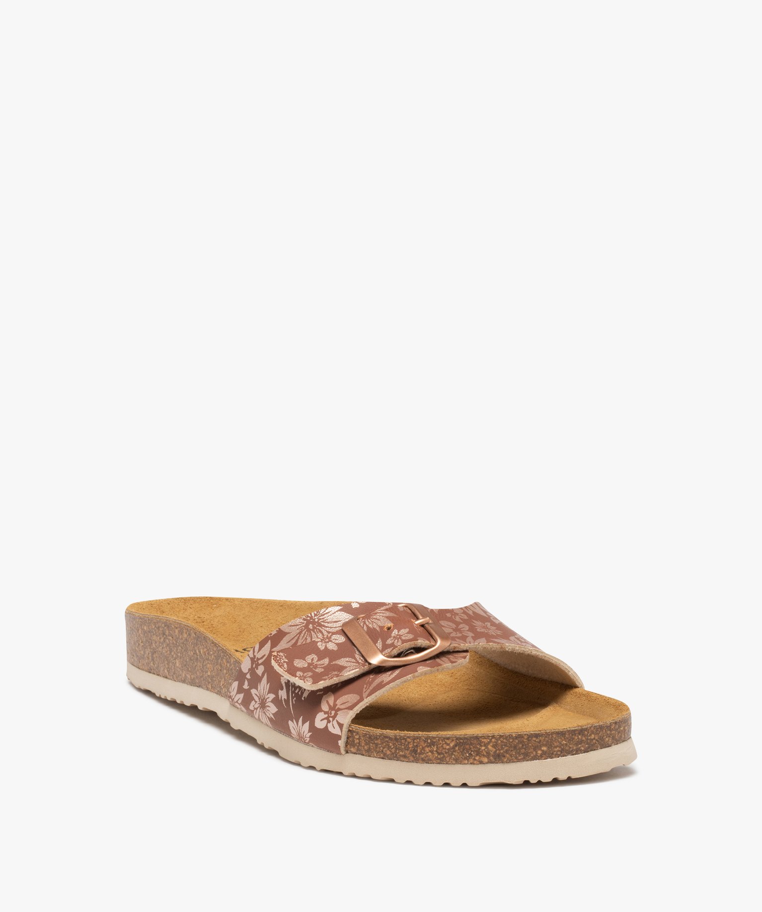Mules femme à bride à boucle imprimée fleurs marron | GEMO