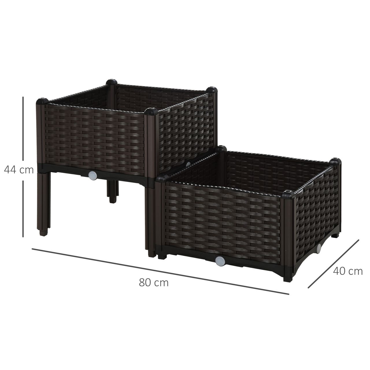 Outsunny Hochbeet 2-teiliger Pflanzkasten mit Abflusslöchern in Rattan-Look PP Braun 40 x 40 x 44 cm