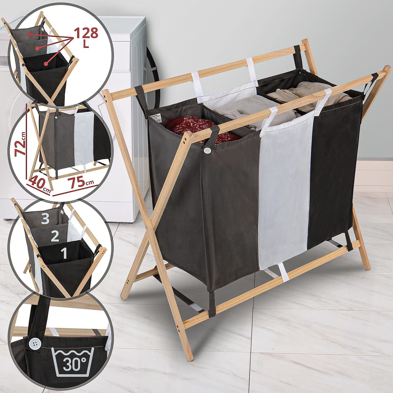 Jago Wäschesortierer - 3 Fächer Holz Wäschekorb Wäschebox Wäschesammler