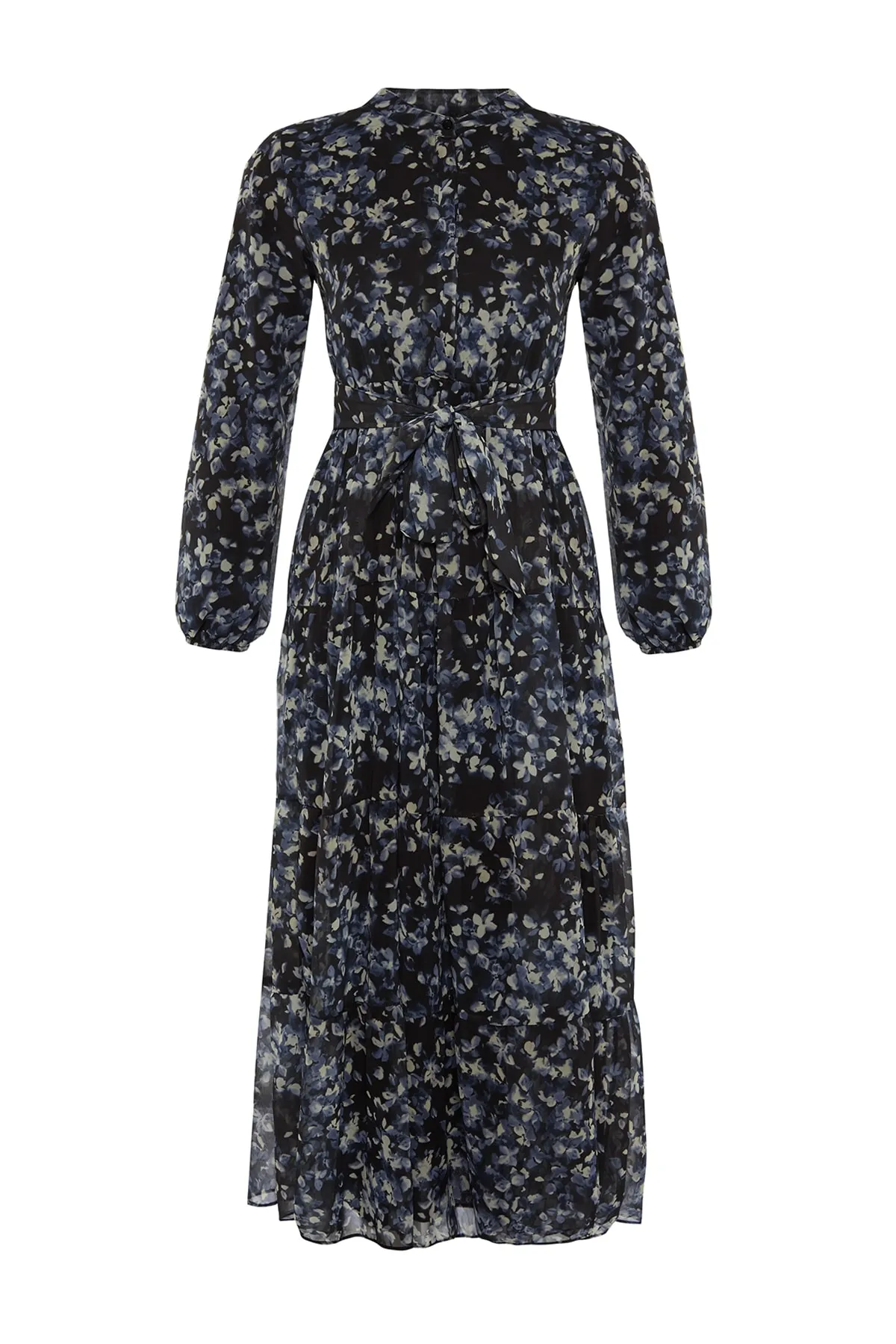 Trendyol Modest  Schwarzes, gefüttertes Chiffon-Kleid mit Blumenmuster, Schärpe und Detail TCTSS21EL3346