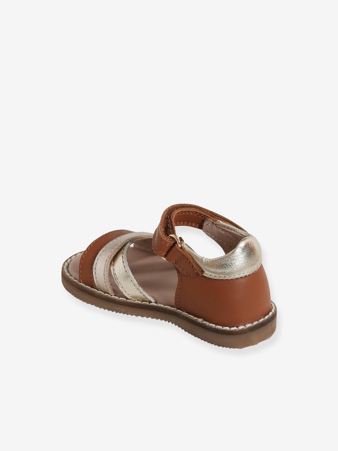 Sandales scratchées en cuir bébé cognac