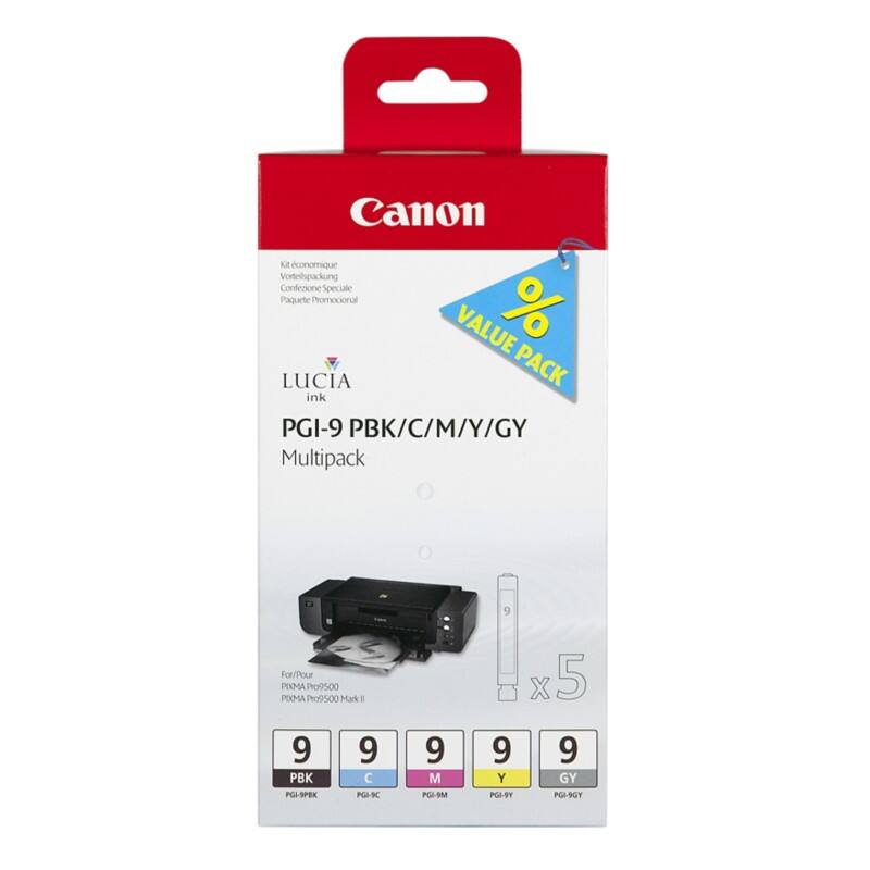 Canon PGI-9 Original Tintenpatrone Schwarz, Cyan, Magenta, Gelb, Grau Multipack 5 Stück