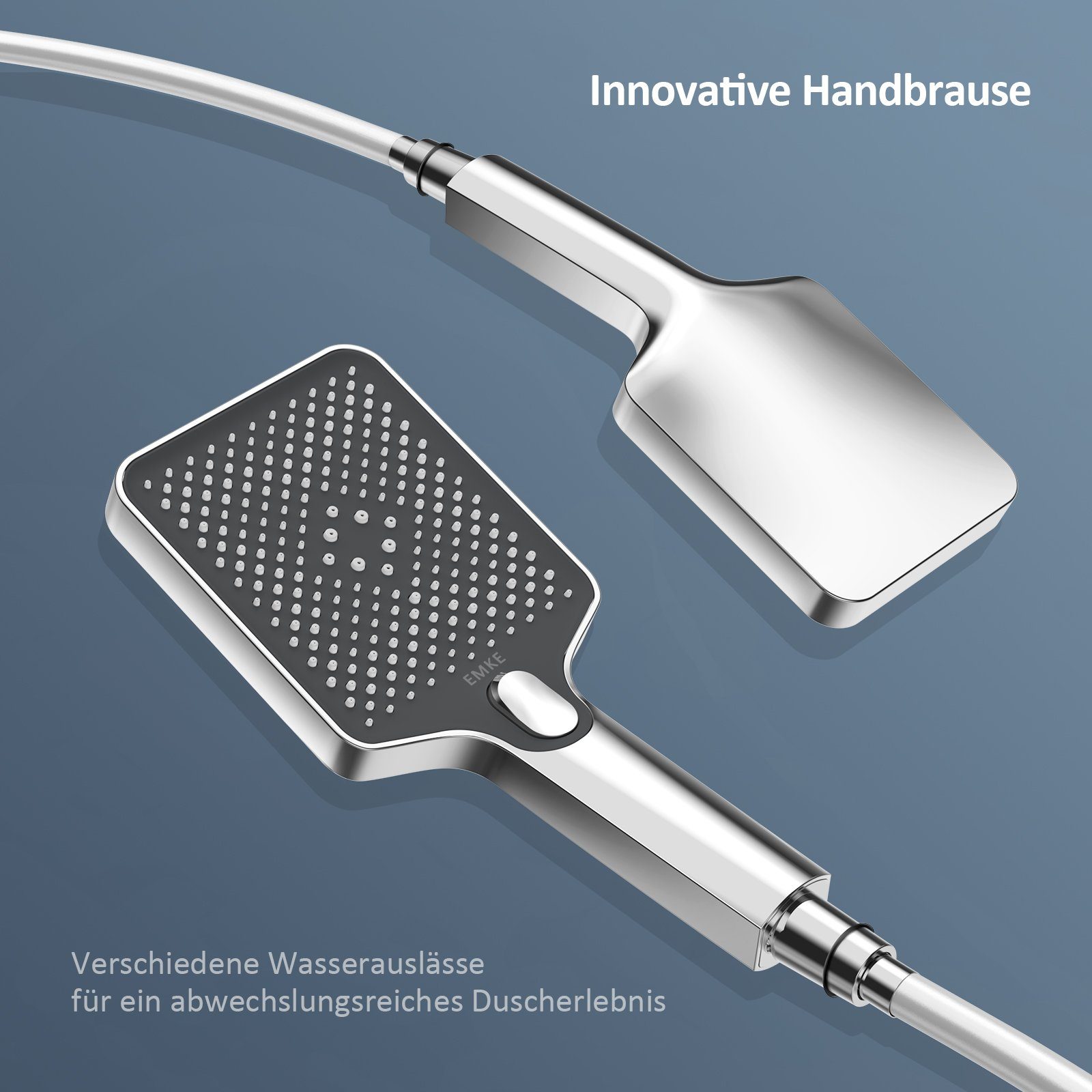 EMKE Duschsystem Duschsystem mit 38℃ Thermostat Glasablage Handbrause Regendusche, 3 Strahlart(en), Wasserauslass Verbrühungsschutz, Wandmontage, Duschamaturenset, Chrom