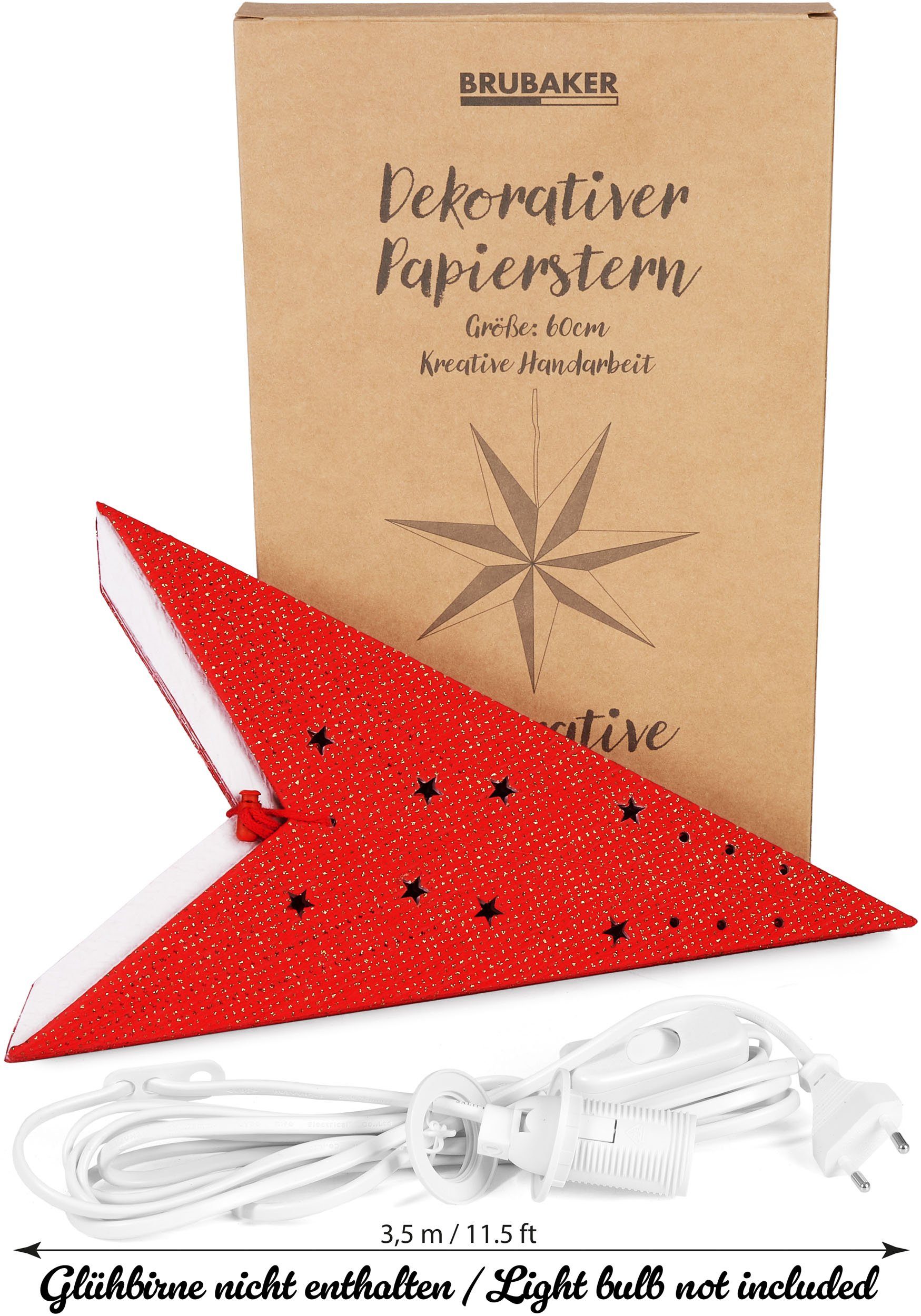 BRUBAKER Dekostern Weihnachtsstern zum Aufhängen mit E14 Fassung - 60 cm Papierstern, 1 St., 3D Adventsstern mit 3,5 m Kabel - Fenster Deko Leuchtstern Hängend