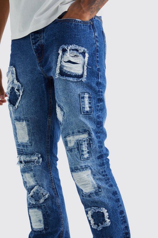 Tall zerrissene Slim-Fit Patchwork Schlagjeans