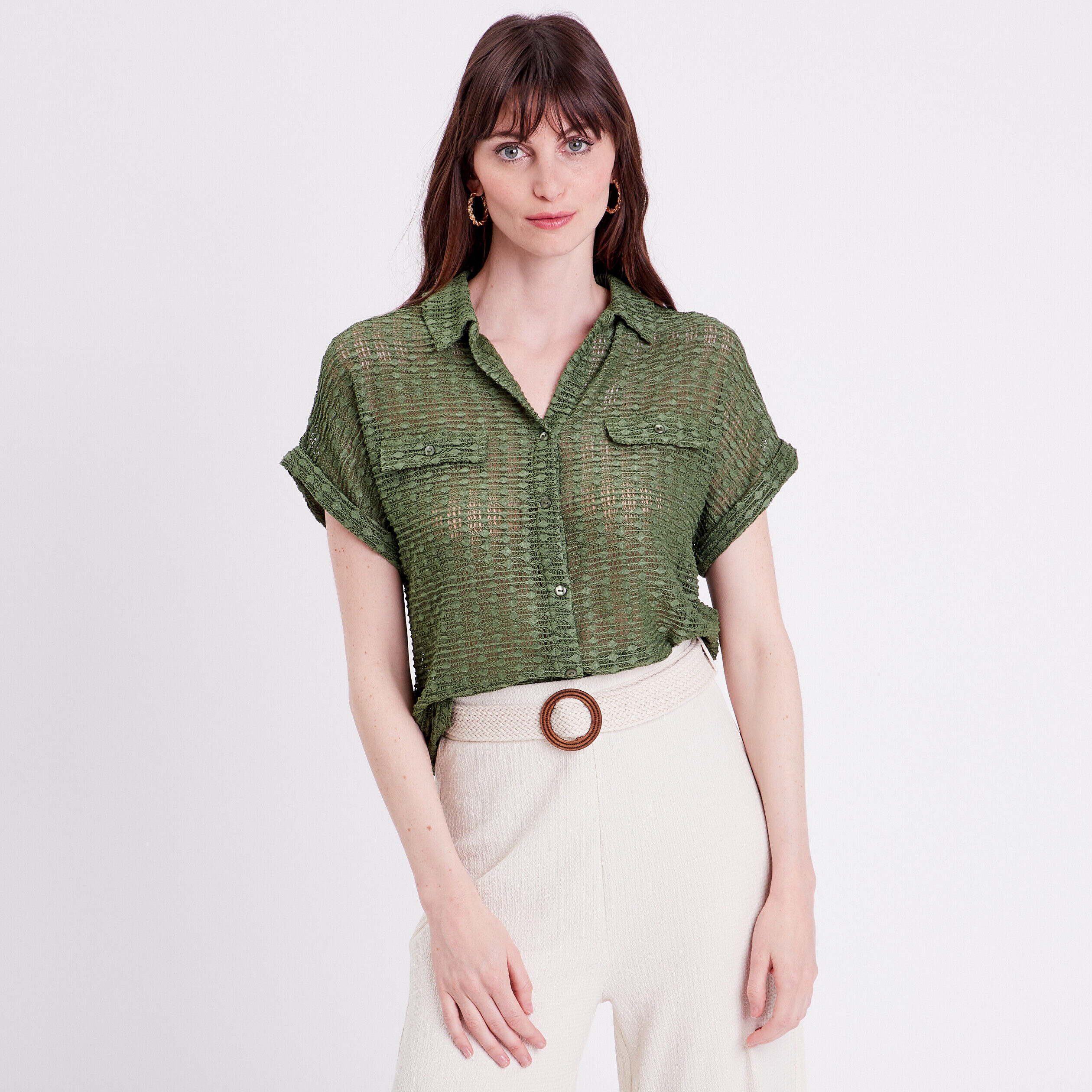 Blouse manches courtes ajourée vert foncé femme | Cache Cache