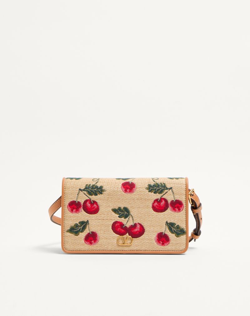 VLogo Signature Mini Raffia Jacquard Schoudertas met Kersenmotief