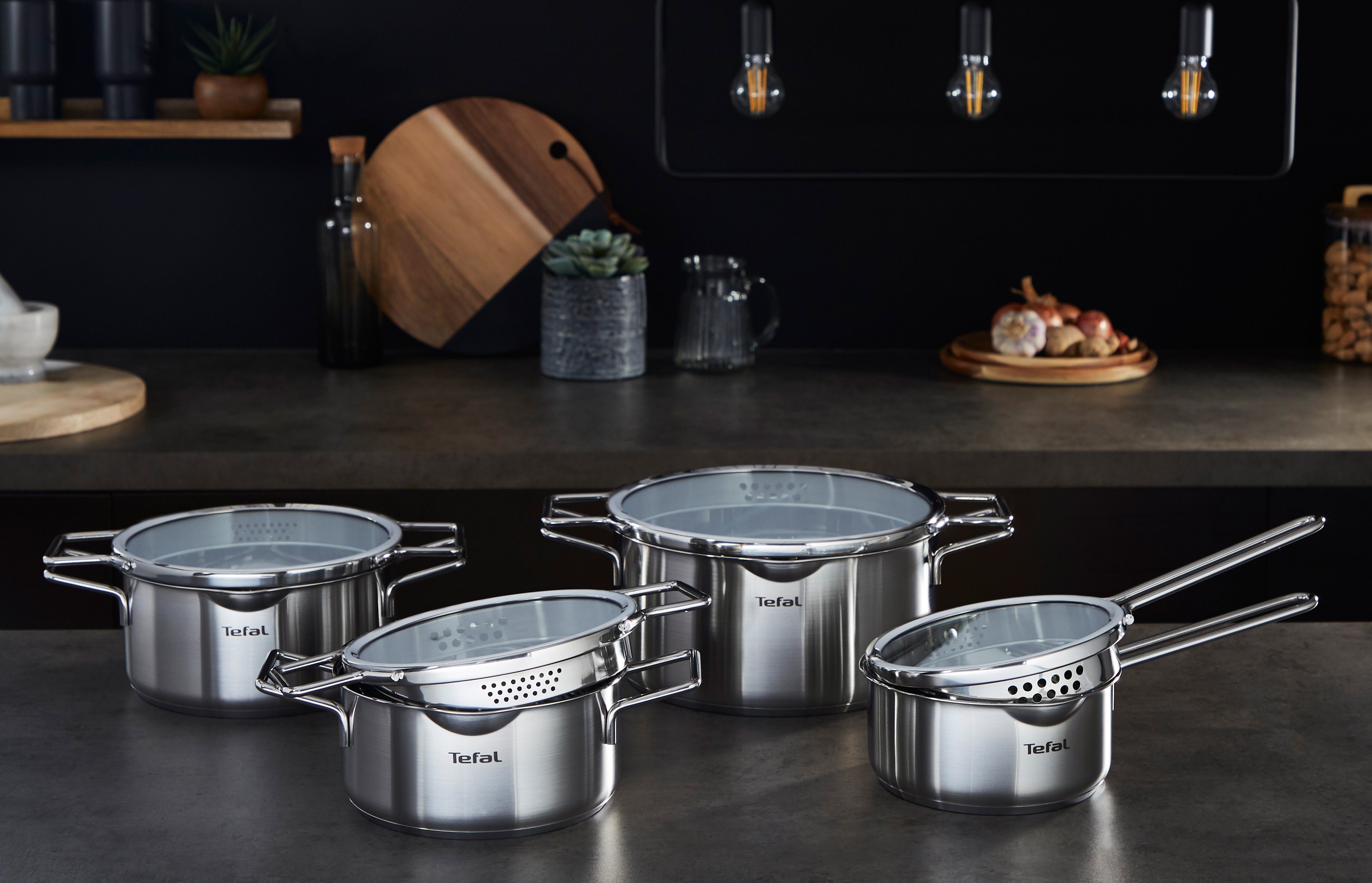 Tefal Topf-Set Nordica, Edelstahl (6-tlg), mit Deckel, nordisches Design, Ausgießer, Doppelgriff, Induktion