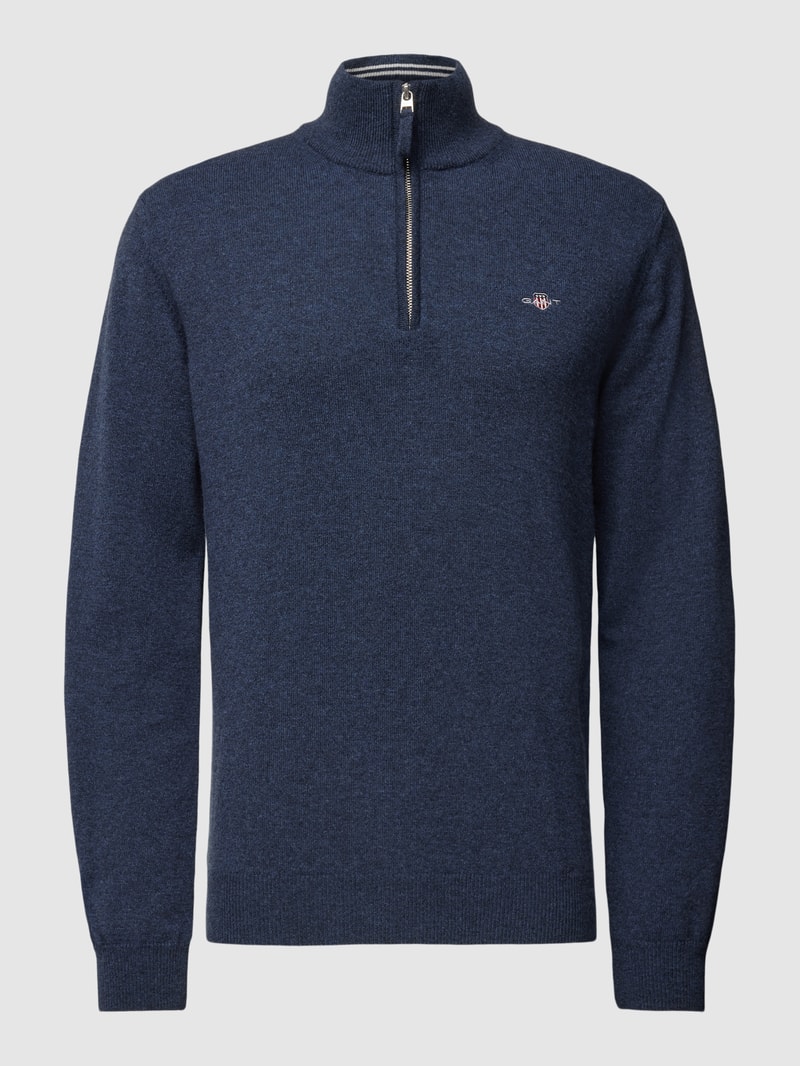 Strickpullover aus Wolle mit kurzem Reißverschluss in marineblau meliert