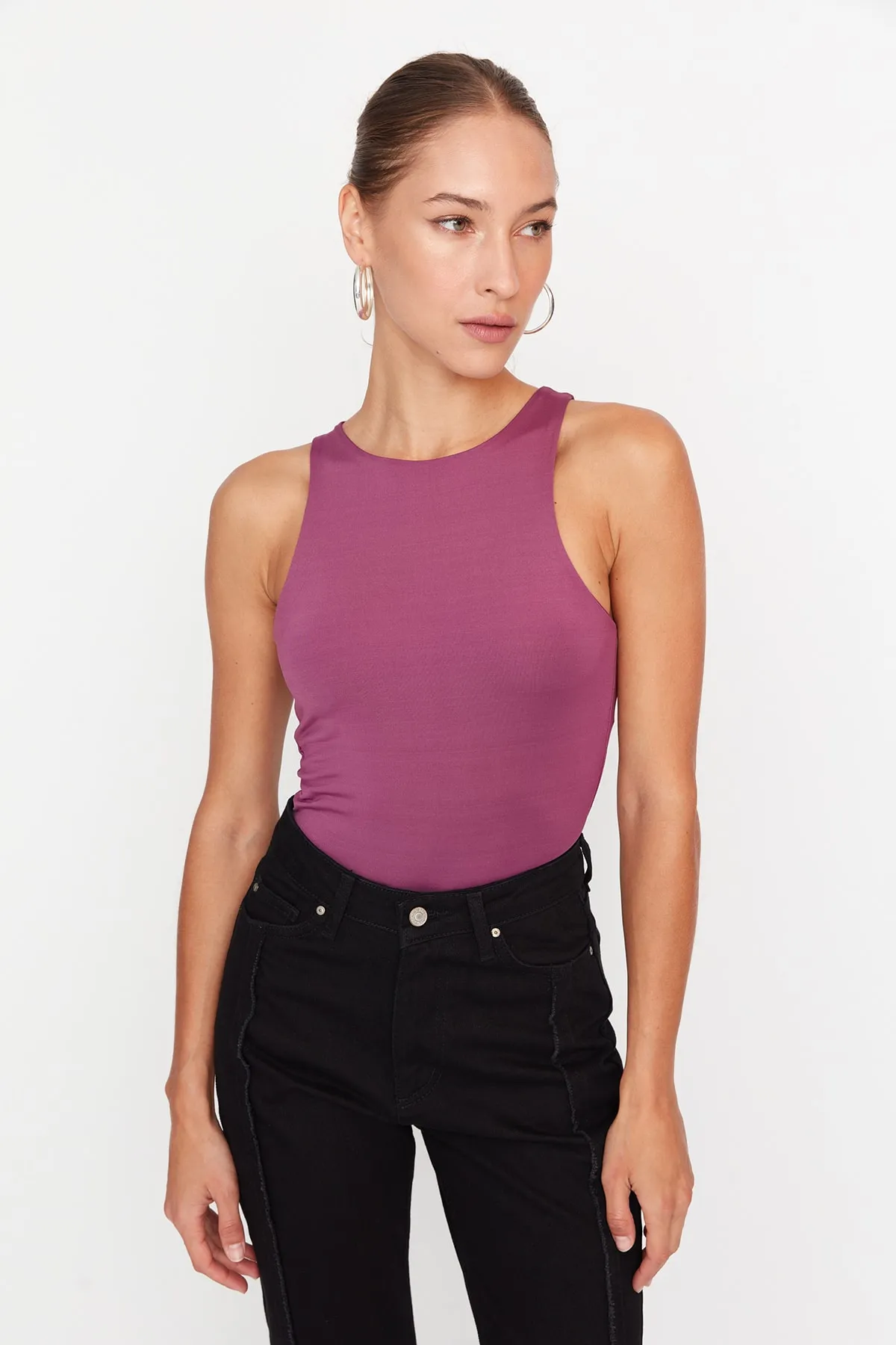 Trendyol Collection  Pflaumenfarbener Neckholder-Body mit flexiblem Druckknopf-Strick-Body TWOSS20BD0044