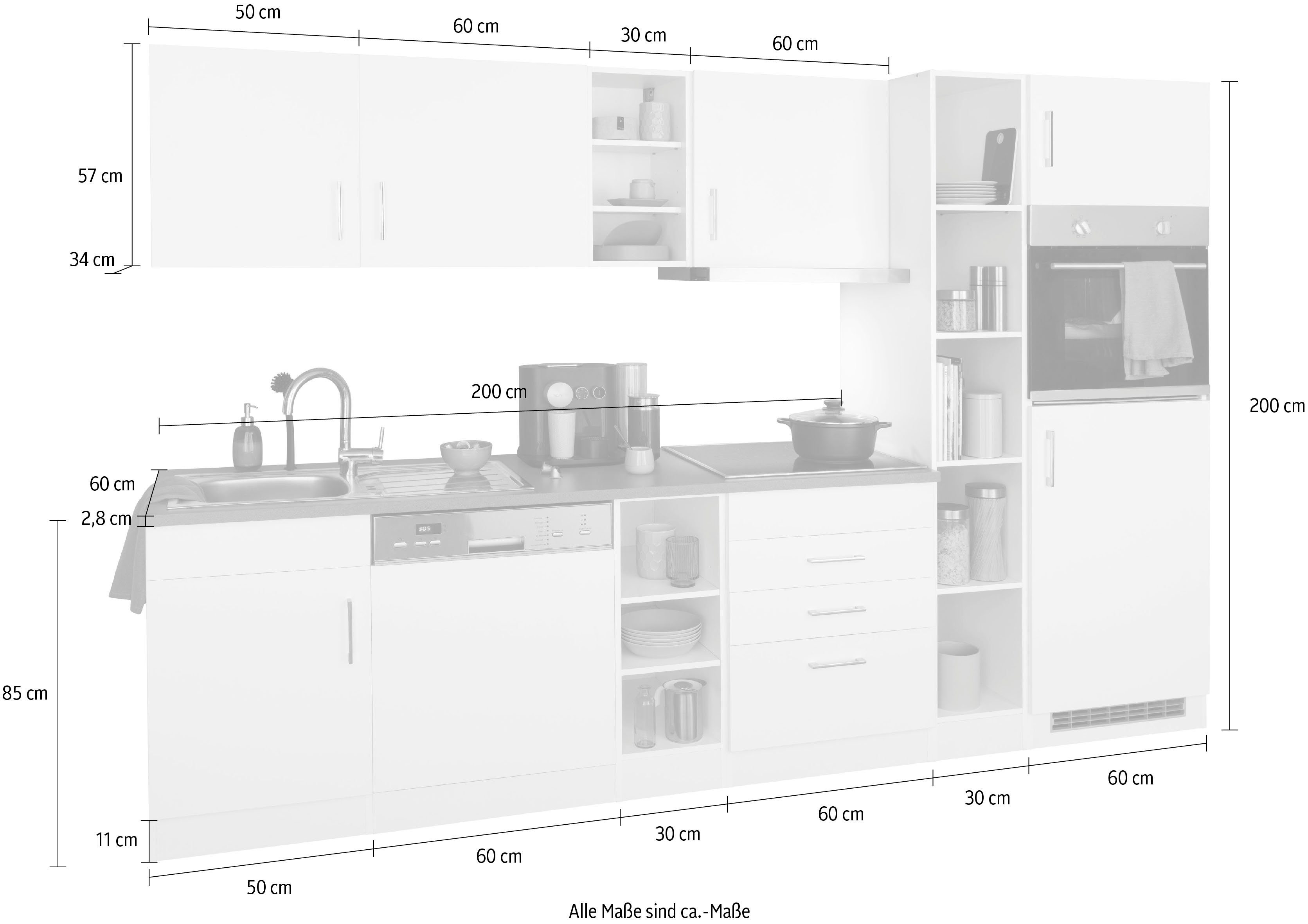 HELD MÖBEL Küchenzeile Paris, mit E-Geräten, Breite 290 cm, wahlweise mit Induktionskochfeld