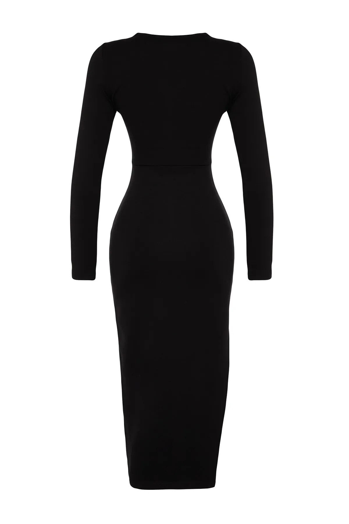 Trendyol Collection  Schwarzes, figurbetontes Midi-Strickkleid mit tiefem Schlitz und Rundhalsausschnitt TWOAW24EL00549
