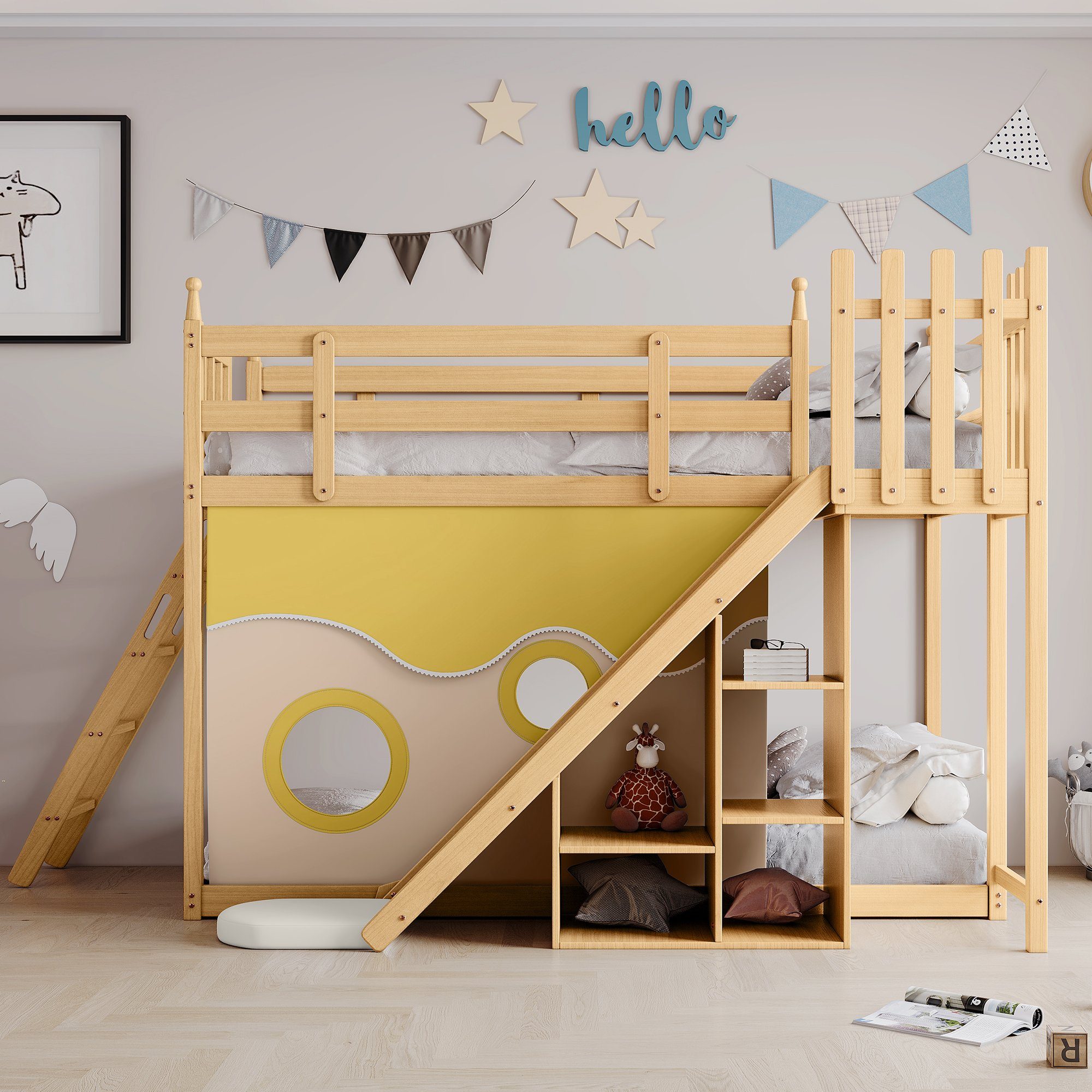 WISHDOR Holzbett Kinderbett, Etagenbett, Bett, Gästebetten, Hausbett 90x200cm (mit Fallschutz und Gitter, Rahmen aus Kiefer, mit Treppe und Zäune, mit Bettvorhang, Rutsche und Regal), Ohne Matratze