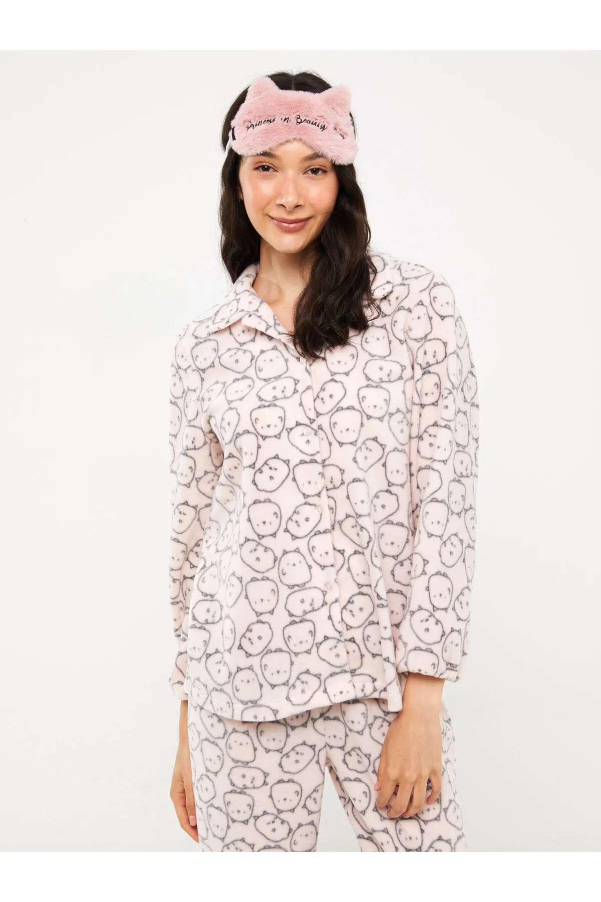 LC Waikiki  Damen-Pyjama-Set aus gemustertem Hemdkragen mit langen Ärmeln aus Fleece