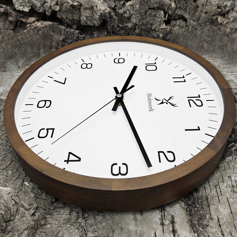 Holzwerk Wanduhr BLOMBERG Designer Holz Wand Uhr, braun, weiß (lautlos ohne Tickgeräusche, 30 cm)