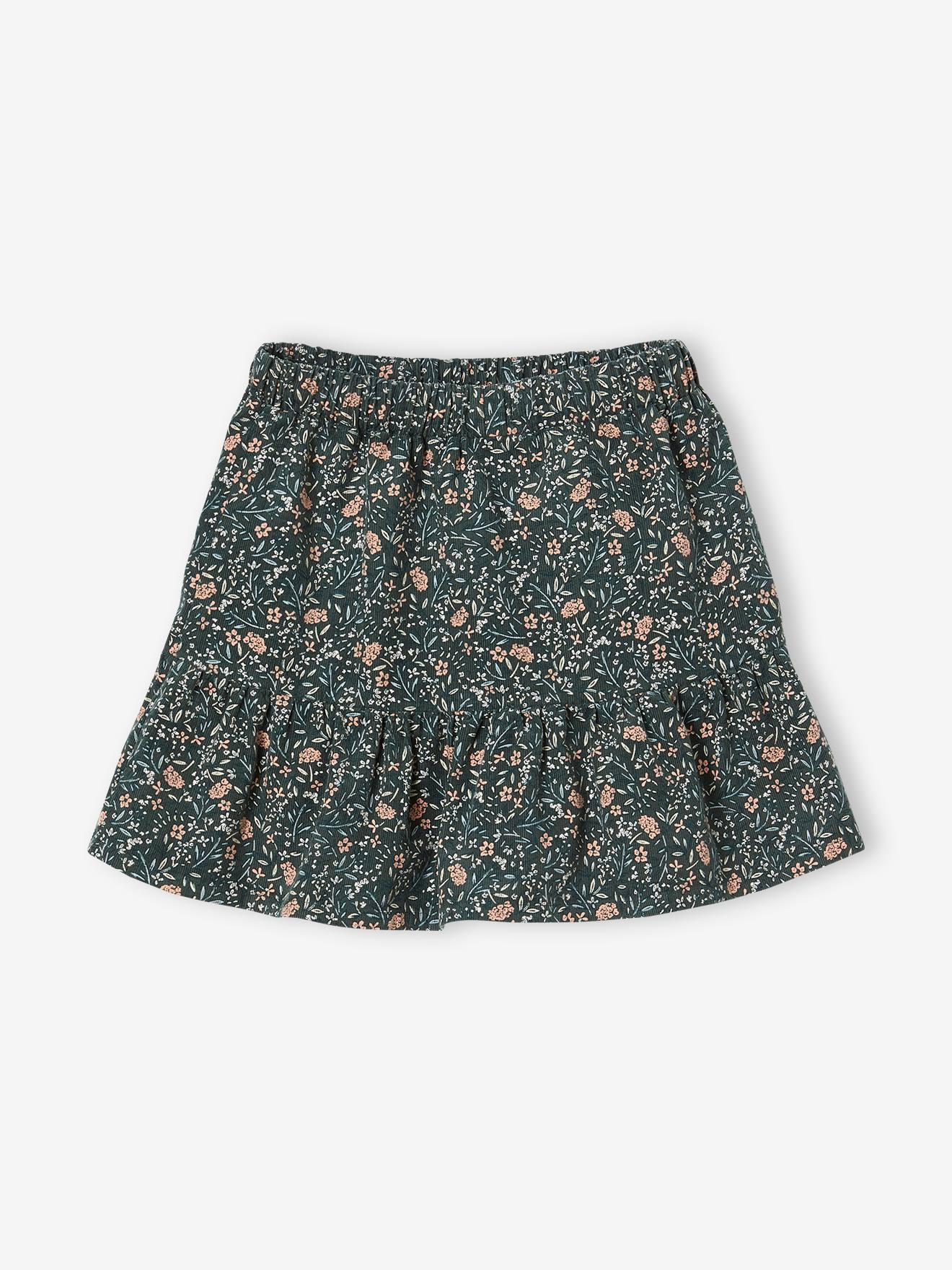 Jupe à volant en velours imprimé fleurs fille vert