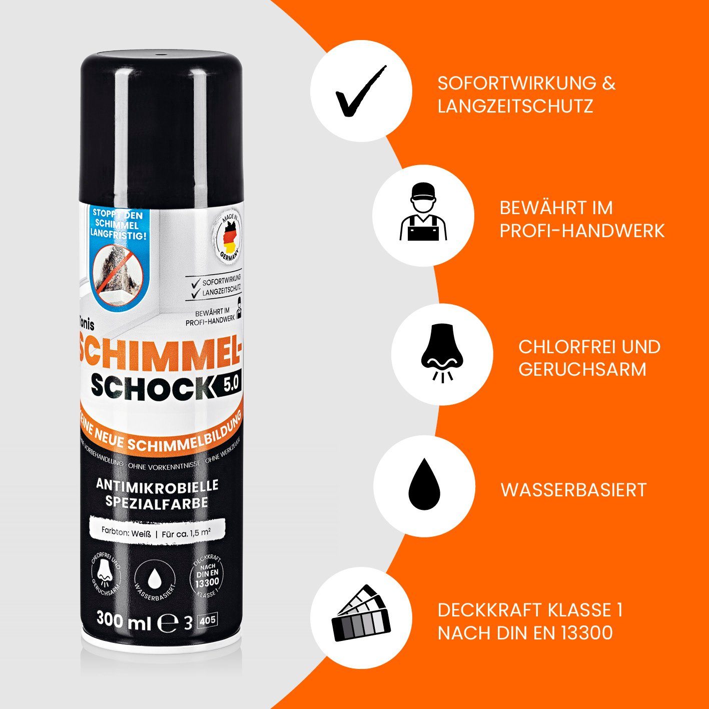 Tonis SCHIMMELSCHOCK Sprühfarbe 5.0 Antimikrobielle Spezialfarbe, gegen Schimmelflecken, verhindert Wachstum von Schimmelsporen 300ml