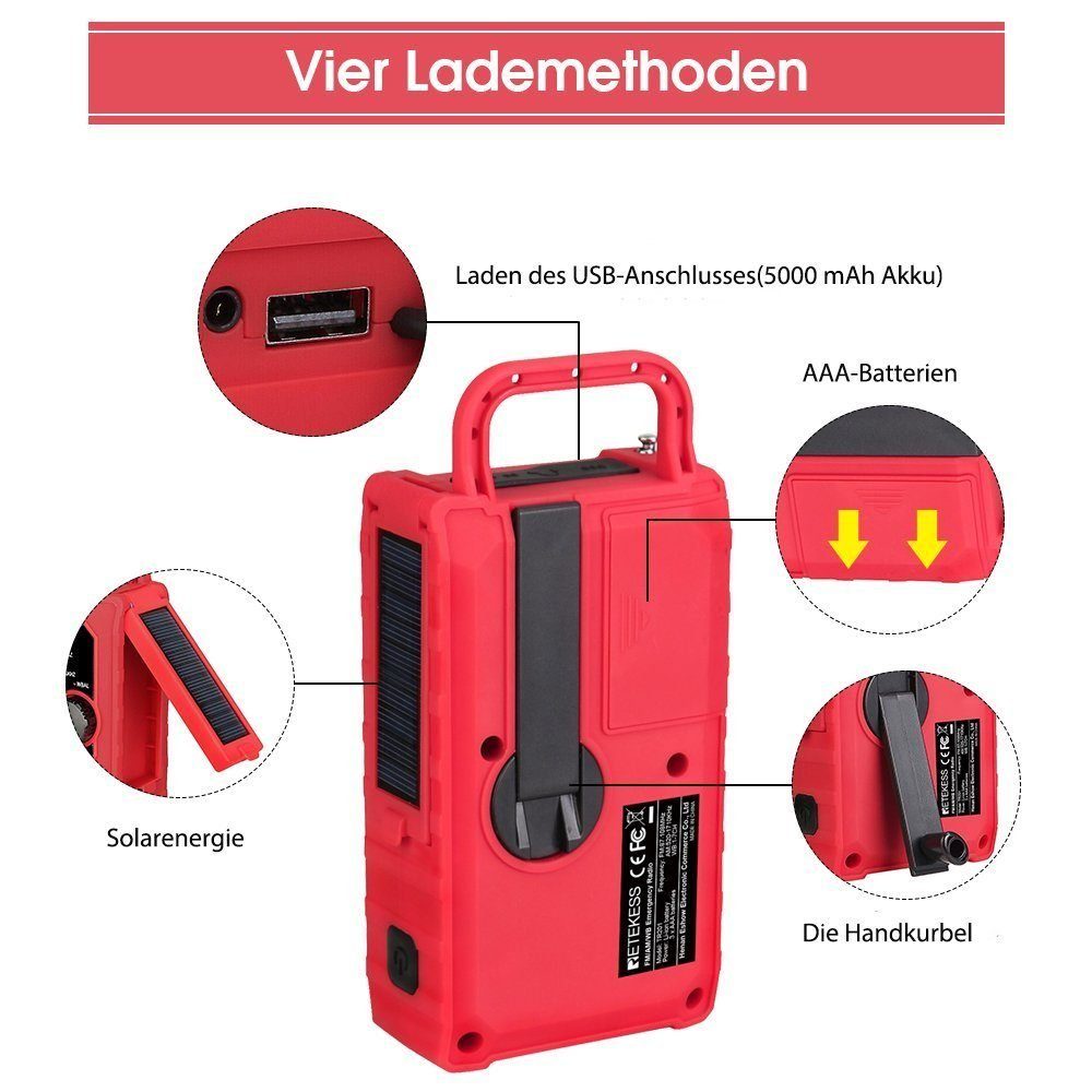 Retekess TR201 tragbares Notfallradio IPX3 wasserdicht, 5000mAh AM/FM Notfallradio (IPX3 wasserdicht, 5000mAh Wiederaufladbare Batterie, SOS-Alarm)