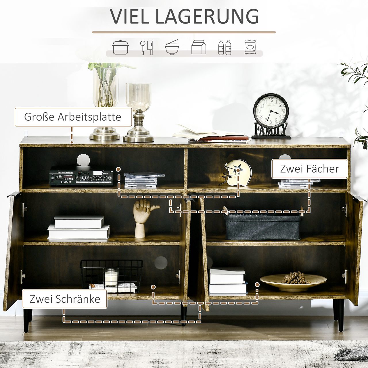 HOMCOM Küchenschrank Sideboard Aufbewahrungsschrank mit 2 Fächern und 2 Schränken Küchenmöbel Industrie-Design Spanplatte Rustikales Braun Schwarz 147 x 40 x 83 cm