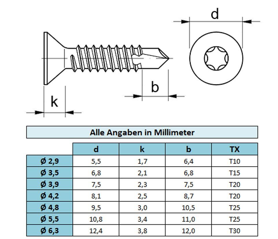 Montage-fix Bohrschraube Blechschrauben mit Bohrspitze - Stahl verzinkt - Senkkopf Form P - TX, (10 St)