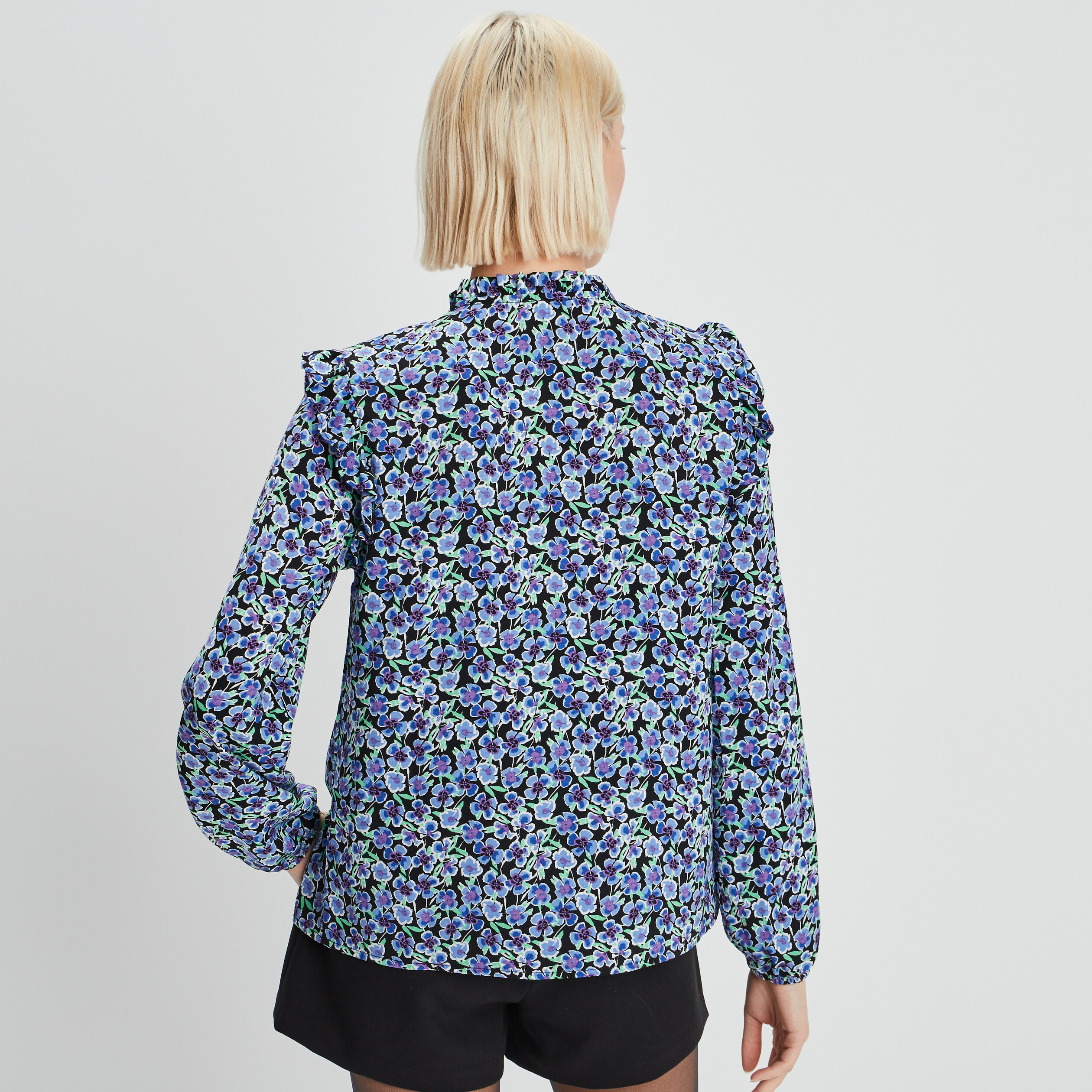 Blouse à épaules et col volantés bleu marine femme | La Halle