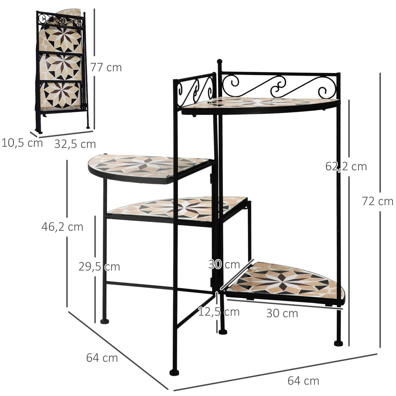 Outsunny Blumenständer 4-Stufe-Blumentreppe faltbar dekorative für Innen und Außen Garten Balkon Metall Keramikfliesen Schwarz Beige 64 x 64 x 72 cm