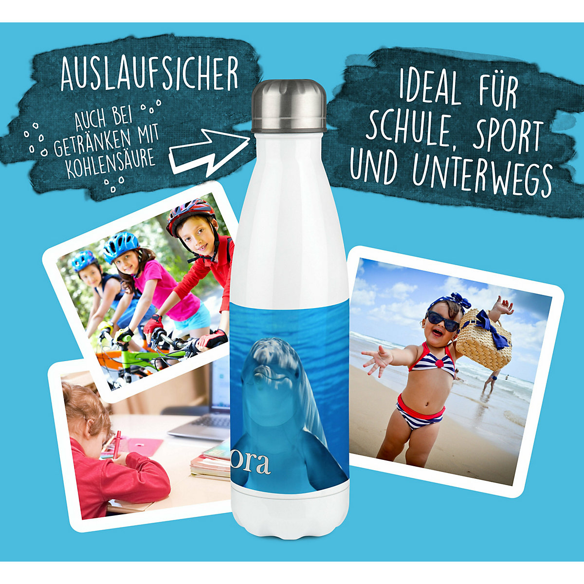 Edelstahl Kinder Thermoflasche / Trinkflasche bunt Delfin Spülmaschinenfest, Auslaufsicher, Bruchfest, Doppelwandig, Für Heißgetränke geeignet, Mit Deckel, Isoliert