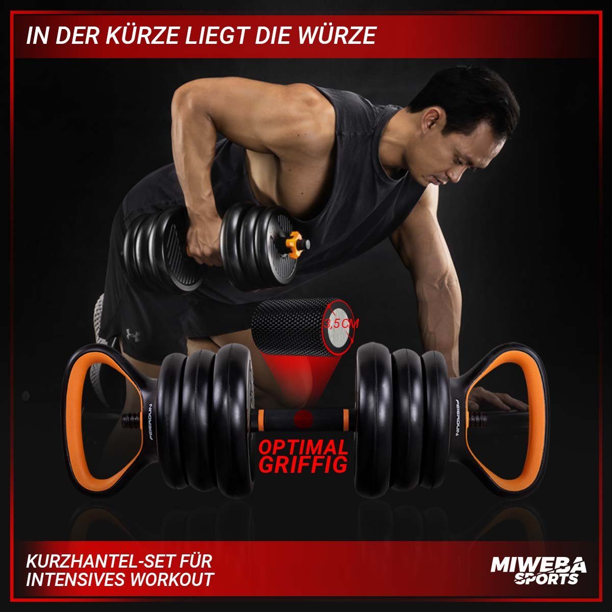 Miweba Sports Hantel-Set Premium FED 8in1 Hantel Set - 20/30 kg, (2,5-20 kg - Kurzhanteln Langhantel Kettlebell-Set Liegestützgriffe - 2 Farben - Betonfüllung - Stahl - Krafttraining Muskelaufbau Workout), Fitnesshanteln Gewichte Fitness Training Han