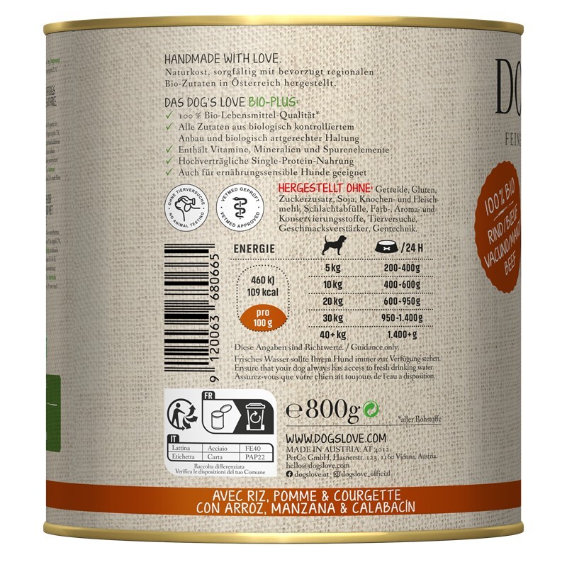 DOG'S LOVE Hundenassfutter DOG'S LOVE BIO 6x800g Rind mit Reis, Apfel & Zucchini