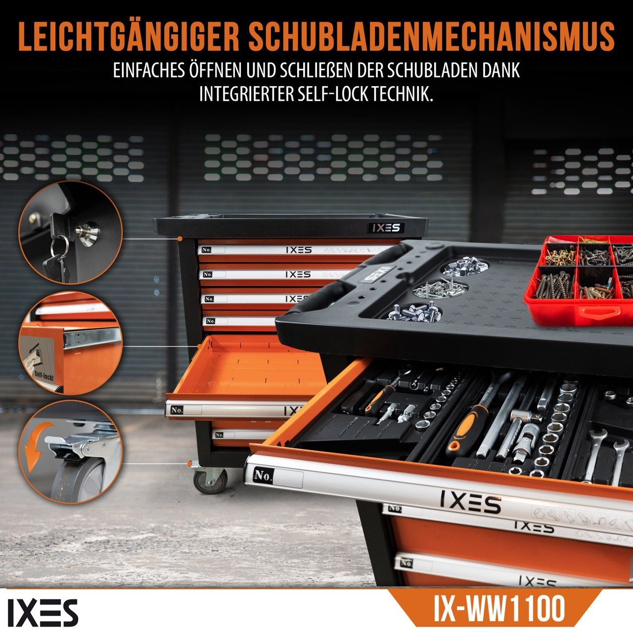 Scheppach Werkstattwagen IXES Werkstattwagen XXL Profi Werkzeugwagen 7-Schubladen + Werkzeug, max. Traglast:450 kg, 70-tlg. Werkzeugset, (70-tlg)