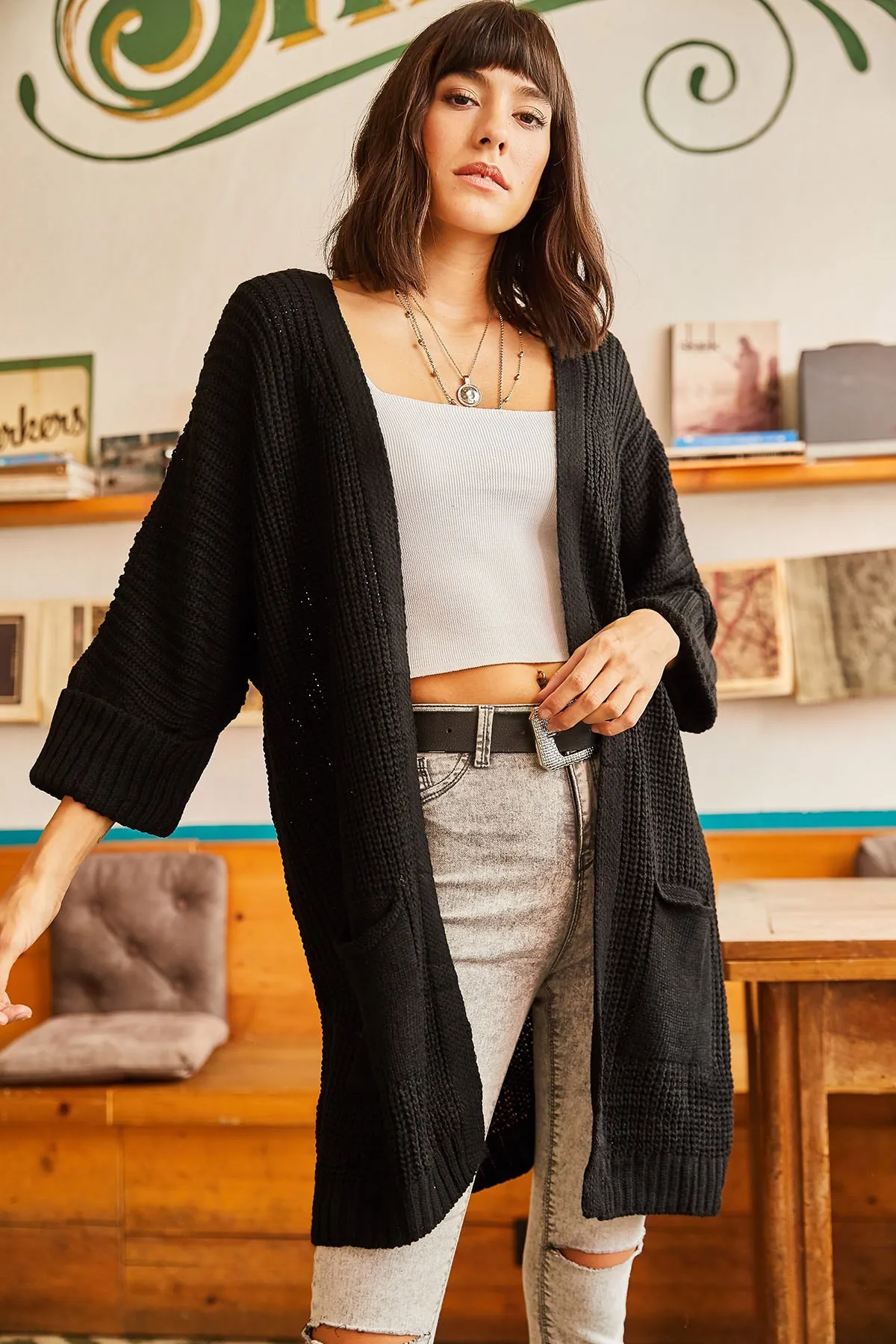 Olalook  Schwarze Strickjacke mit gefalteten Ärmeln und Tasche für Damen, lockere Strickmode, HRK-19000123