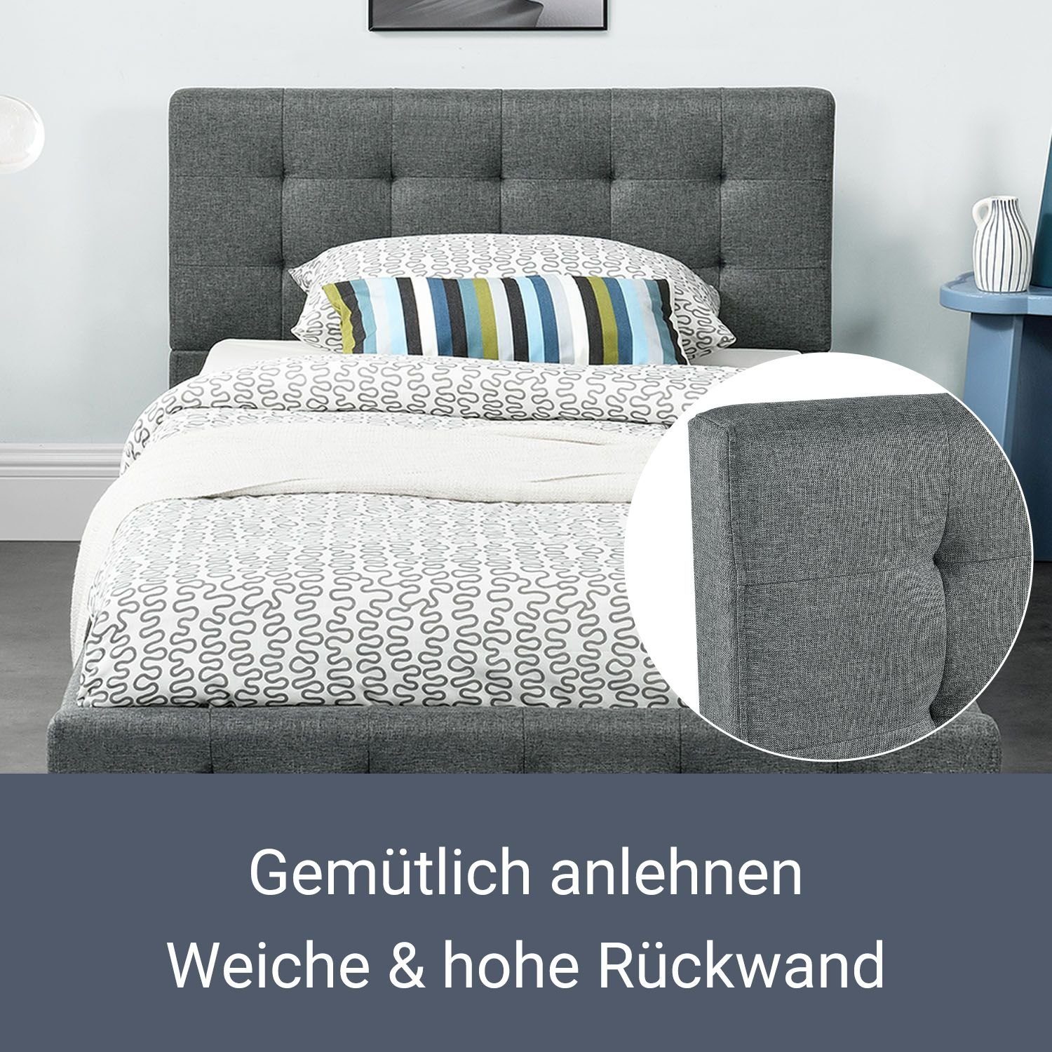 Juskys Polsterbett Manresa, gepolstertes Kopfteil, stabiler Lattenrost