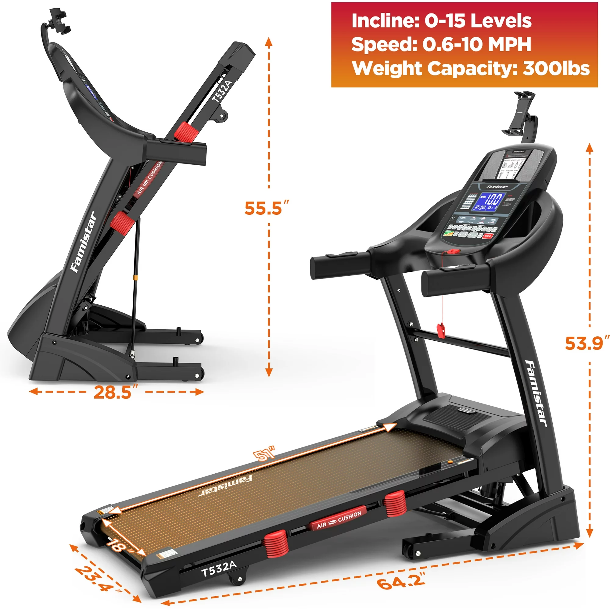 Famistar Clearance Folding Treadmill for Home with 15 Levels Auto Incline, 300LB Capcity, 10MPH Fast Speed Controls, Portable Treadmill Running Walking Machine, 4.5HP, Knee Strap Gift