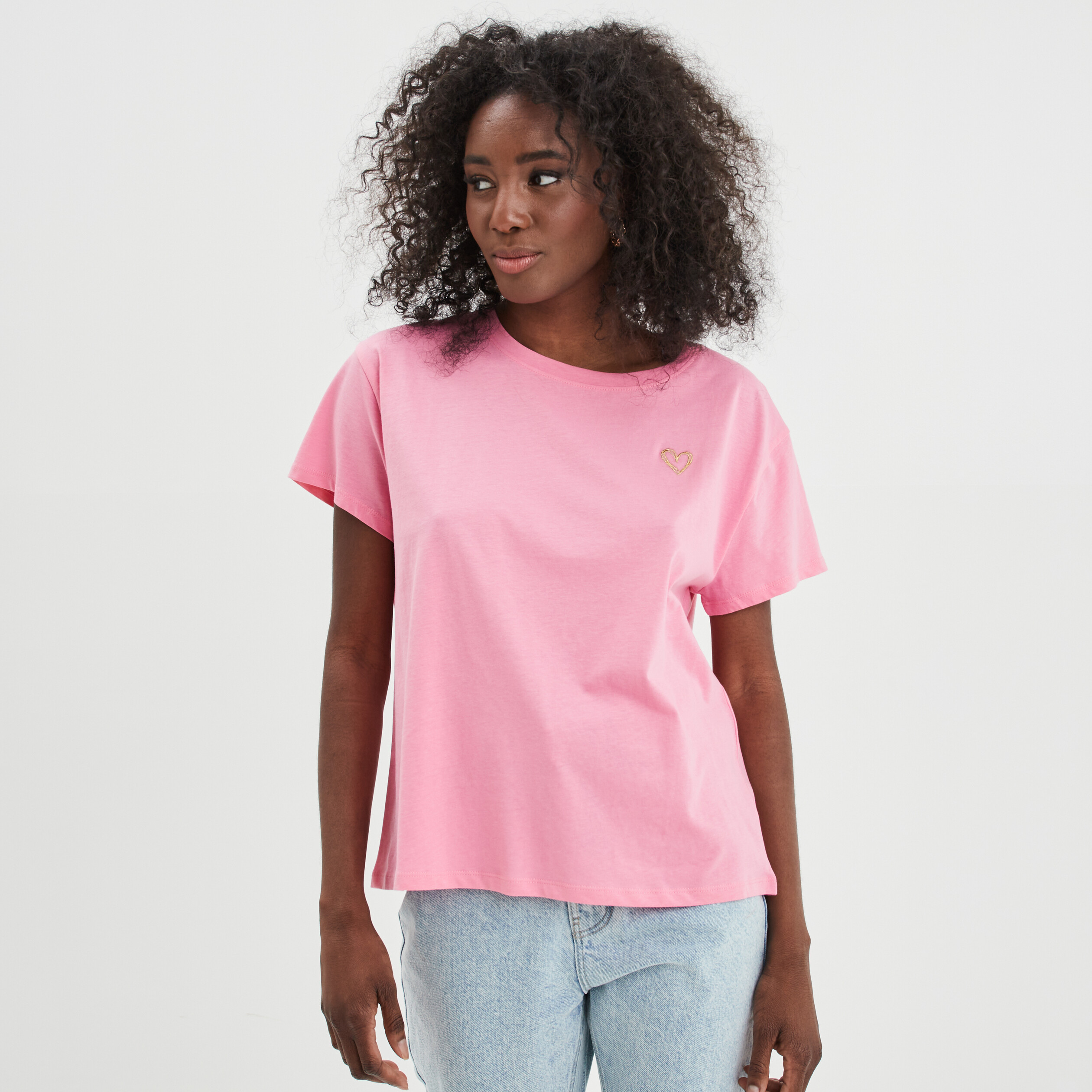 T-shirt oversize broderie devant coton rose femme | La Halle