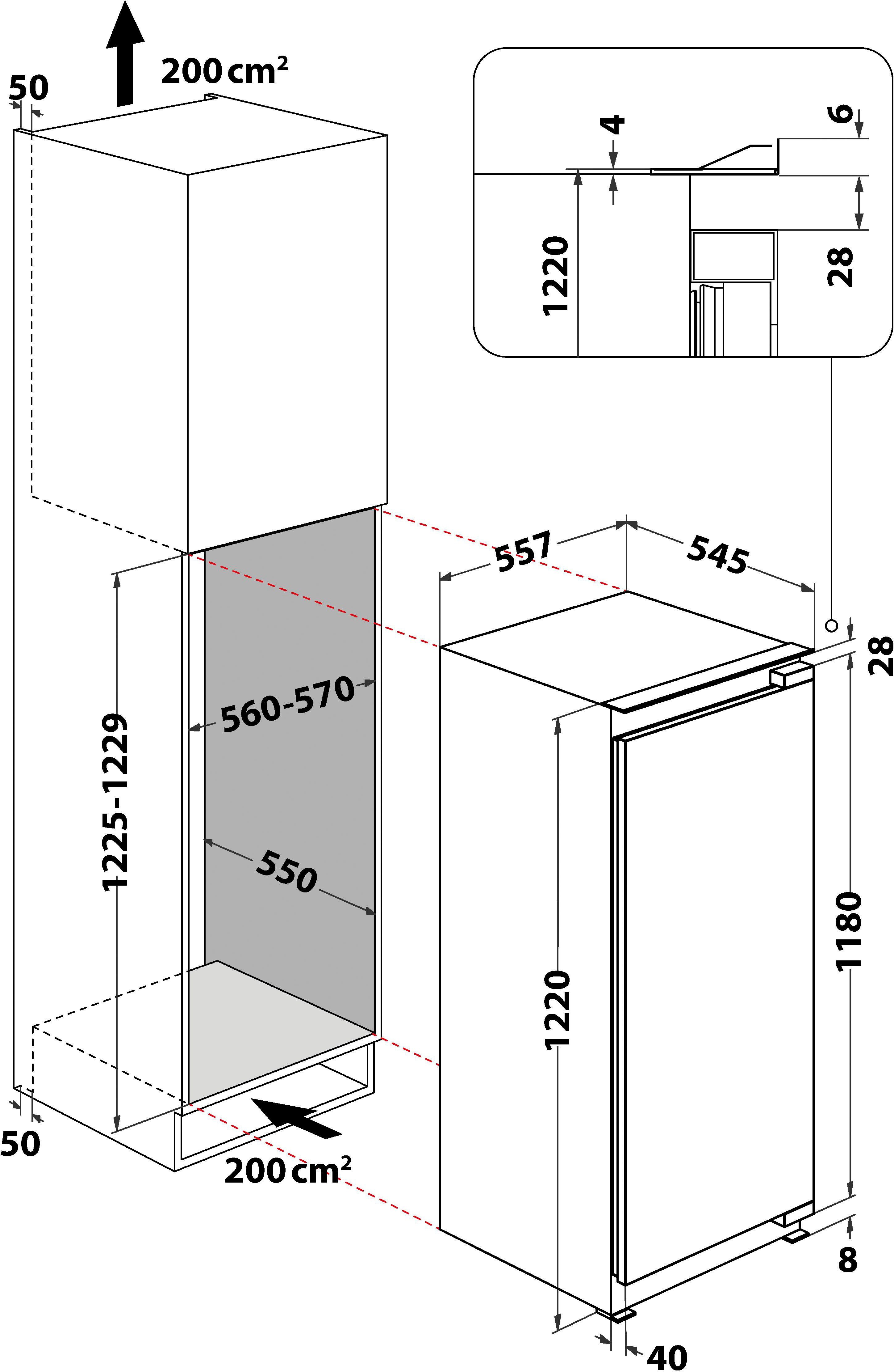 BAUKNECHT Einbaukühlschrank KSI 12VF3, 122 cm hoch, 55,7 cm breit